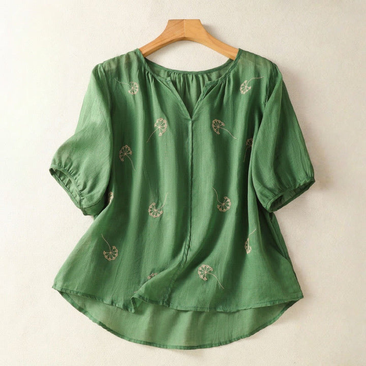 Buddha Stones夏 刺繍 タンポポの花 半袖 リネン レディース シャツ - ダークシーグリーン - US8-10，UK/AU12-14，EU40-42 (2XL) - image 0