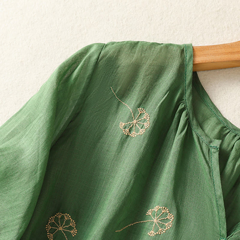 Buddha Stones夏 刺繍 タンポポの花 半袖 リネン レディース シャツ - image 4