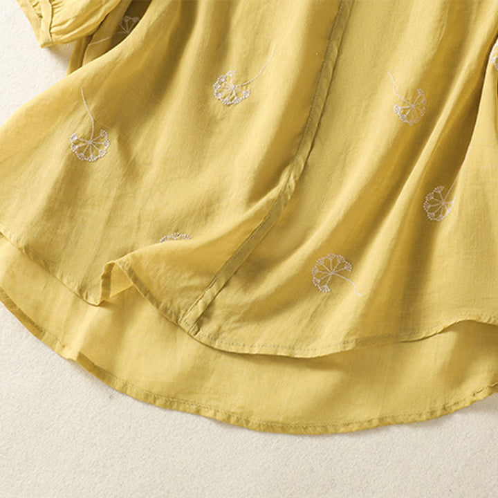 Buddha Stones夏 刺繍 タンポポの花 半袖 リネン レディース シャツ - image 17