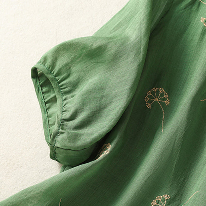 Buddha Stones夏 刺繍 タンポポの花 半袖 リネン レディース シャツ - image 5