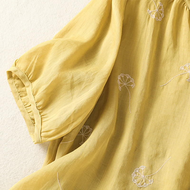 Buddha Stones夏 刺繍 タンポポの花 半袖 リネン レディース シャツ - image 12
