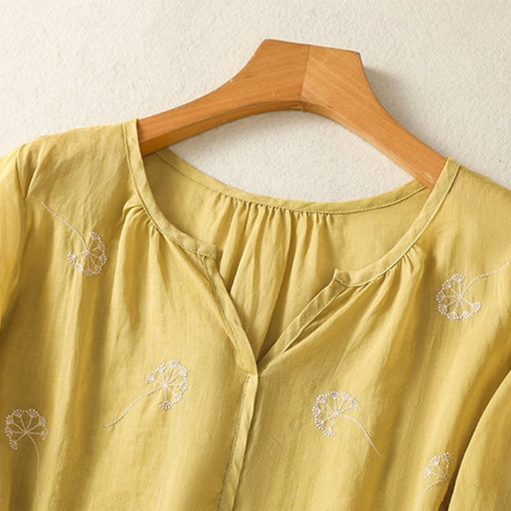 Buddha Stones夏 刺繍 タンポポの花 半袖 リネン レディース シャツ - image 13