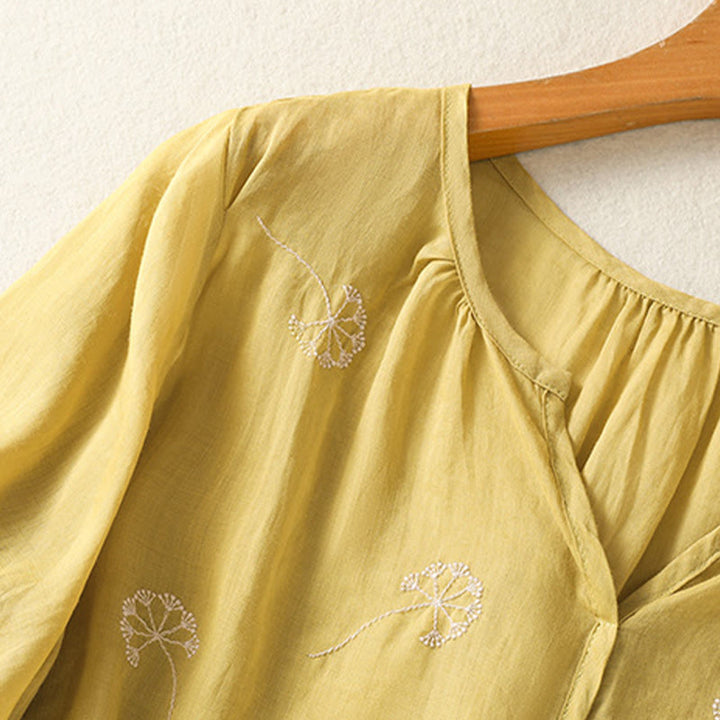 Buddha Stones夏 刺繍 タンポポの花 半袖 リネン レディース シャツ - image 14