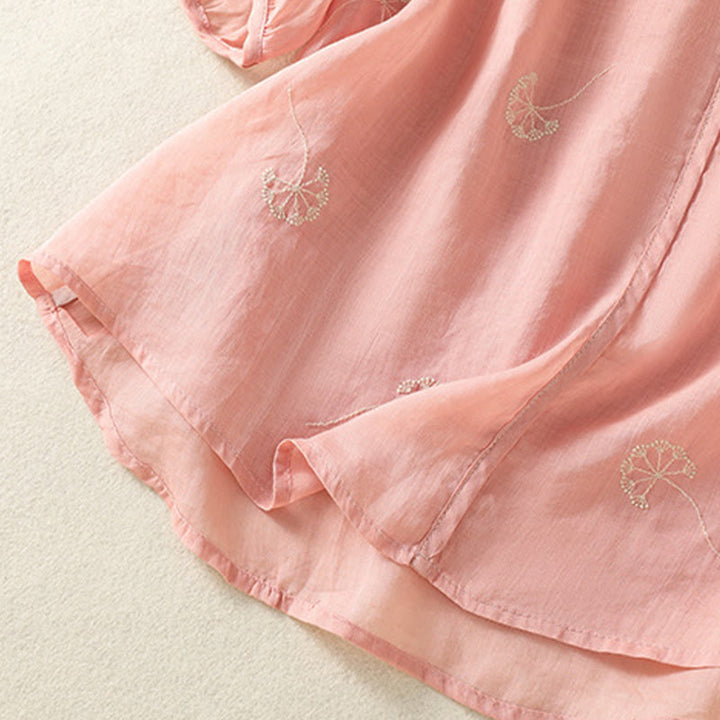 Buddha Stones夏 刺繍 タンポポの花 半袖 リネン レディース シャツ - image 27