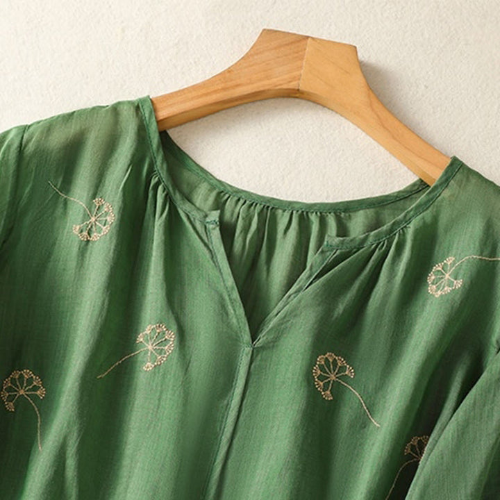 Buddha Stones夏 刺繍 タンポポの花 半袖 リネン レディース シャツ - image 3
