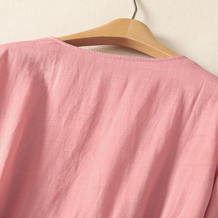 Buddha Stones夏 半袖 プリーツ レースアップ コットンリネン レディース ミディドレス ポケット付き - image 3