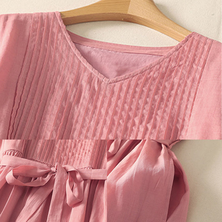 Buddha Stones夏 半袖 プリーツ レースアップ コットンリネン レディース ミディドレス ポケット付き - image 7