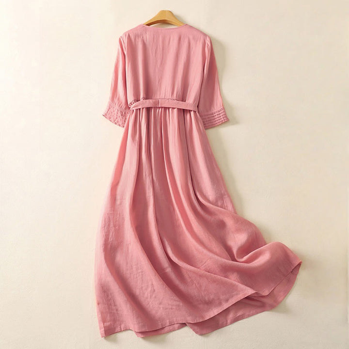 Buddha Stones夏 半袖 プリーツ レースアップ コットンリネン レディース ミディドレス ポケット付き - image 1