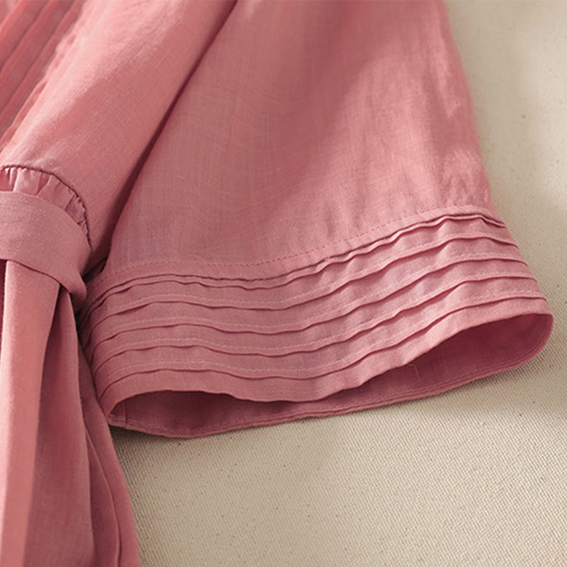 Buddha Stones夏 半袖 プリーツ レースアップ コットンリネン レディース ミディドレス ポケット付き - image 6