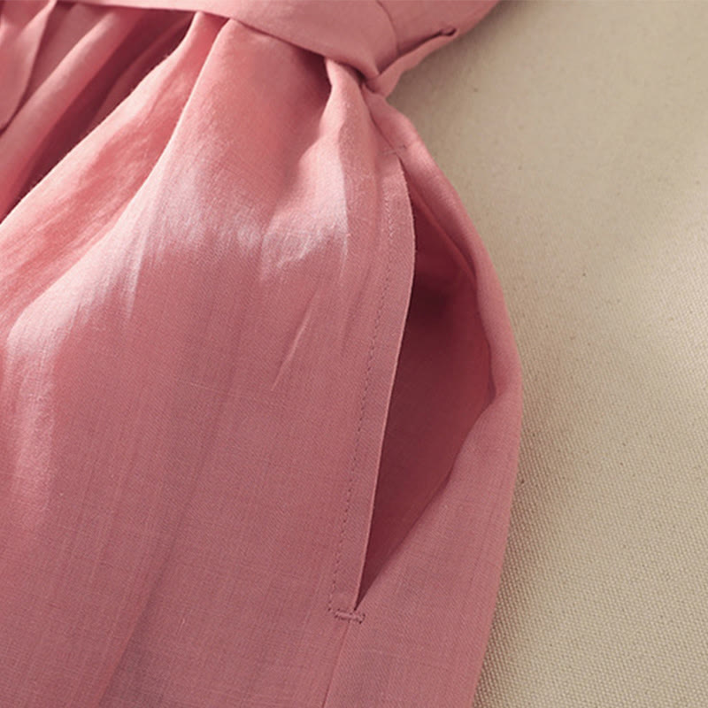 Buddha Stones夏 半袖 プリーツ レースアップ コットンリネン レディース ミディドレス ポケット付き - image 4