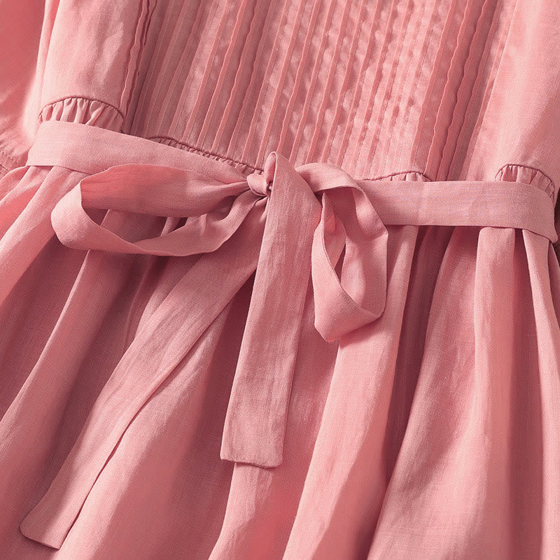 Buddha Stones夏 半袖 プリーツ レースアップ コットンリネン レディース ミディドレス ポケット付き - image 5