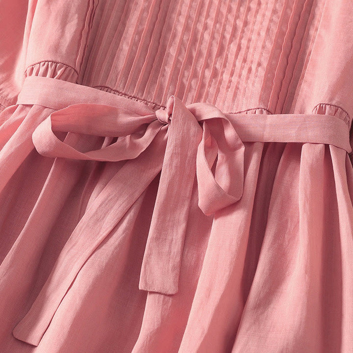 Buddha Stones夏 半袖 プリーツ レースアップ コットンリネン レディース ミディドレス ポケット付き - image 5