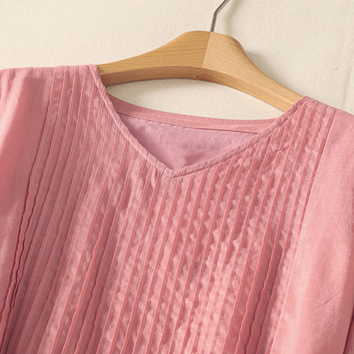 Buddha Stones夏 半袖 プリーツ レースアップ コットンリネン レディース ミディドレス ポケット付き - image 2