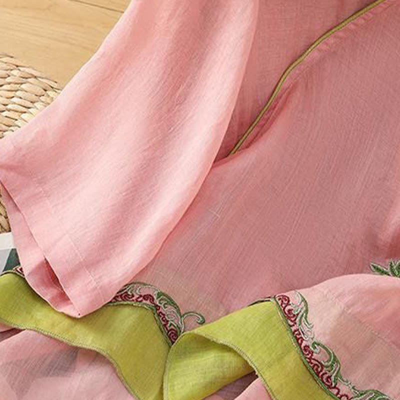 Buddha Stones夏 エスニックスタイル 刺繍 花柄 カエルボタン カラーマッチング レディース コットンリネン 七分袖シャツ - image 9