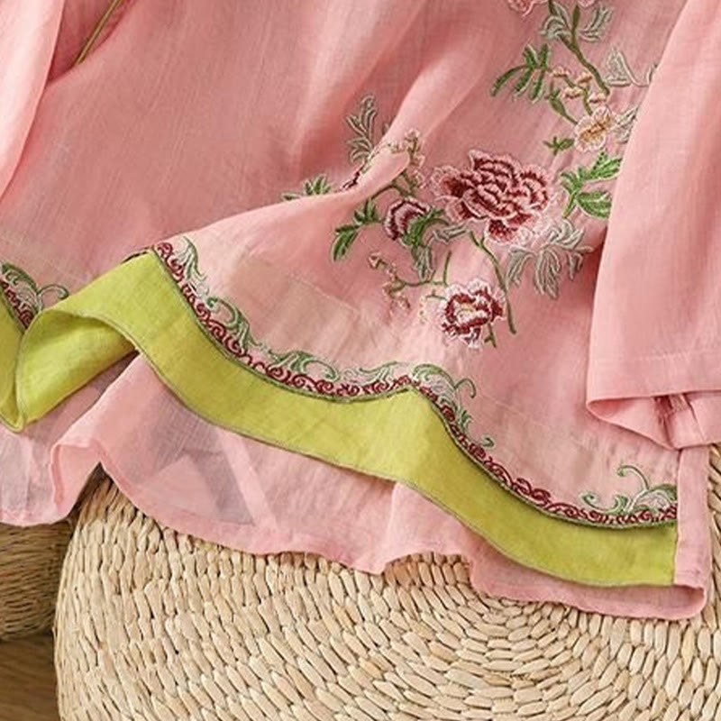 Buddha Stones夏 エスニックスタイル 刺繍 花柄 カエルボタン カラーマッチング レディース コットンリネン 七分袖シャツ - image 8