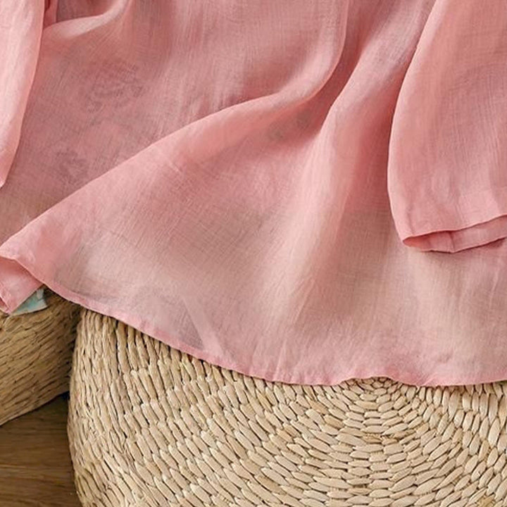 Buddha Stones夏 エスニックスタイル 刺繍 花柄 カエルボタン カラーマッチング レディース コットンリネン 七分袖シャツ - image 10