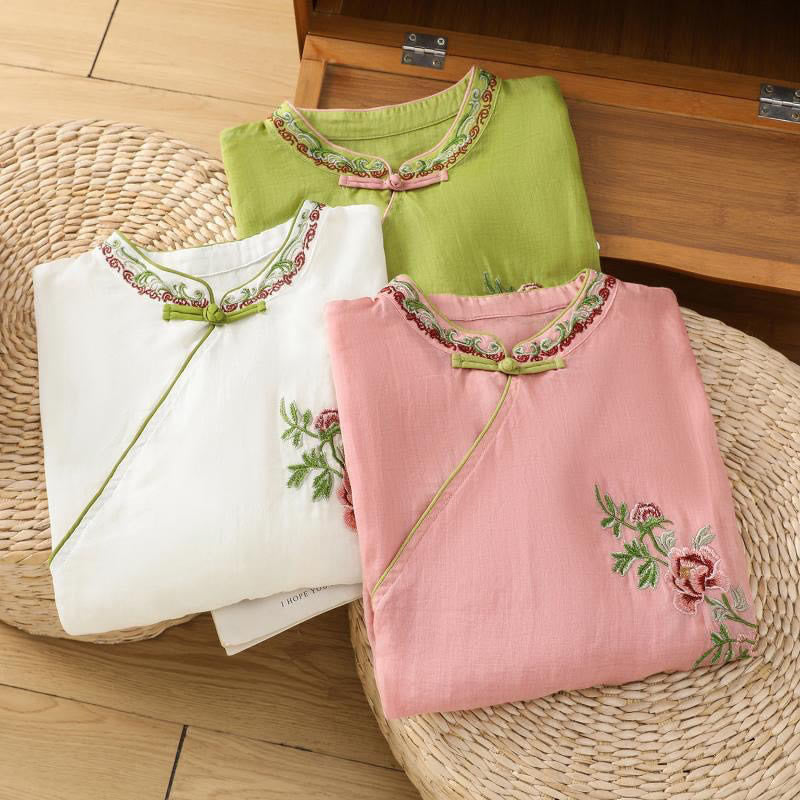 Buddha Stones夏 エスニックスタイル 刺繍 花柄 カエルボタン カラーマッチング レディース コットンリネン 七分袖シャツ - image 18