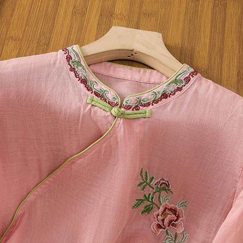 Buddha Stones夏 エスニックスタイル 刺繍 花柄 カエルボタン カラーマッチング レディース コットンリネン 七分袖シャツ - image 5