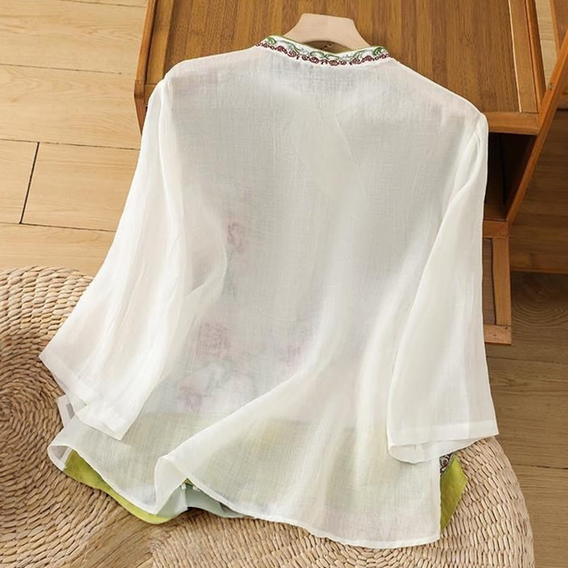 Buddha Stones夏 エスニックスタイル 刺繍 花柄 カエルボタン カラーマッチング レディース コットンリネン 七分袖シャツ - image 1