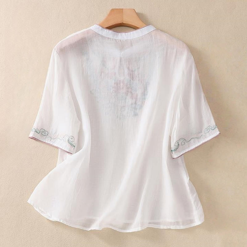 Buddha Stonesカジュアル レトロ 刺繍 カエルボタンデザイン レディース コットンリネン 半袖シャツ - image 13