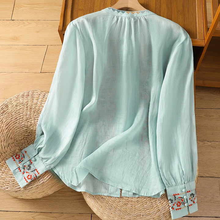 Buddha Stonesヴィンテージ刺繍 シングルロウ マルチボタン プラケットデザイン レディース コットンリネン ロング ランタンスリーブ シャツ - image 12