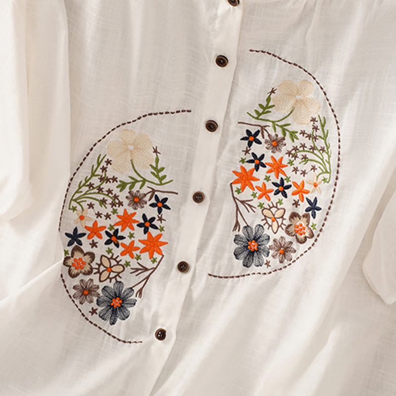 Buddha Stonesヴィンテージアシンメトリー刺繍花植物柄レディースコットンリネン半袖ジャケットシャツ - image 26