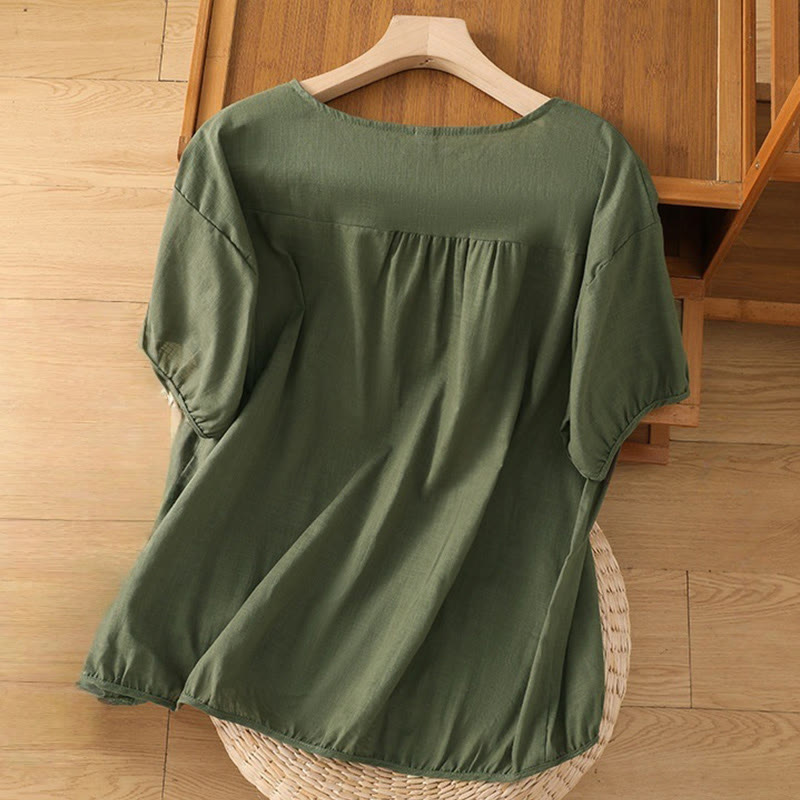 Buddha Stonesヴィンテージアシンメトリー刺繍花植物柄レディースコットンリネン半袖ジャケットシャツ - image 1