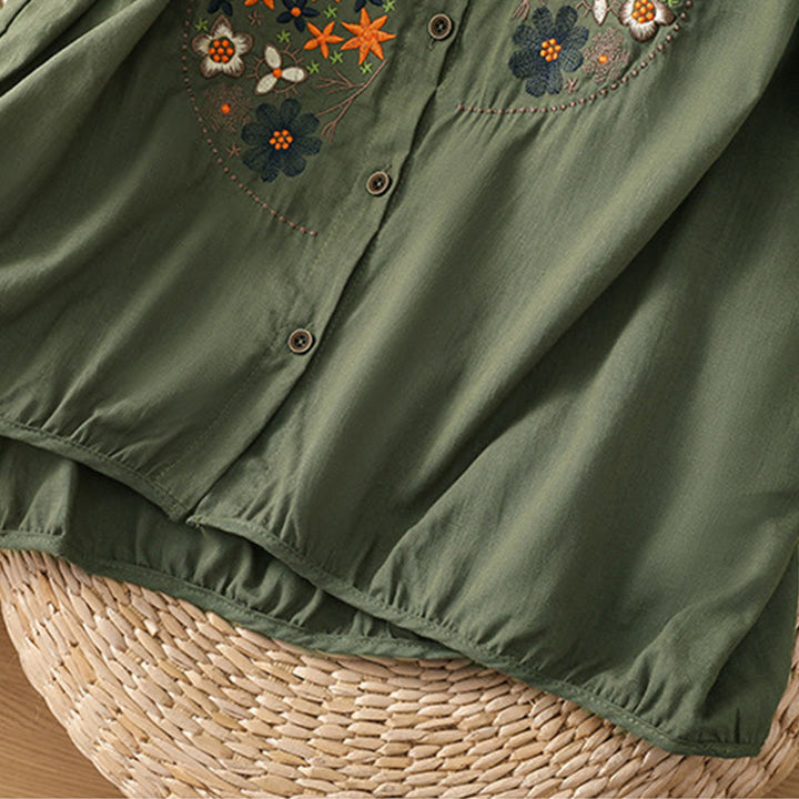Buddha Stonesヴィンテージアシンメトリー刺繍花植物柄レディースコットンリネン半袖ジャケットシャツ - image 5