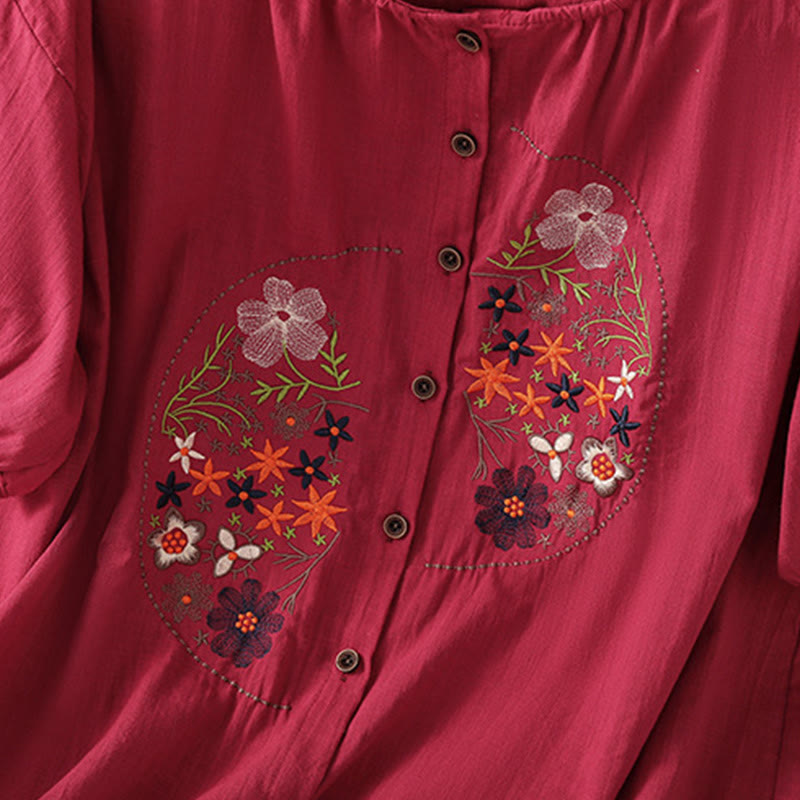 Buddha Stonesヴィンテージアシンメトリー刺繍花植物柄レディースコットンリネン半袖ジャケットシャツ - image 11