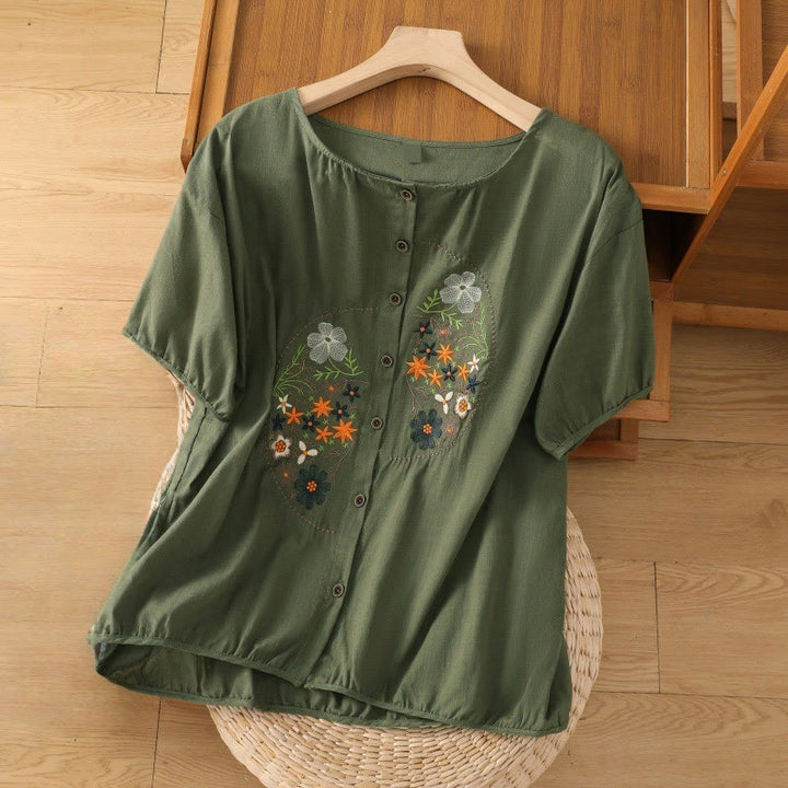 Buddha Stonesヴィンテージアシンメトリー刺繍花植物柄レディースコットンリネン半袖ジャケットシャツ - ダークグリーン - US14、 UK/AU18、 EU46 (2XL) - image 0