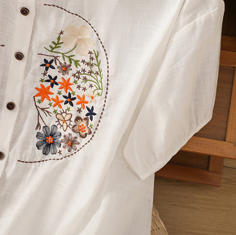 Buddha Stonesヴィンテージアシンメトリー刺繍花植物柄レディースコットンリネン半袖ジャケットシャツ - image 27