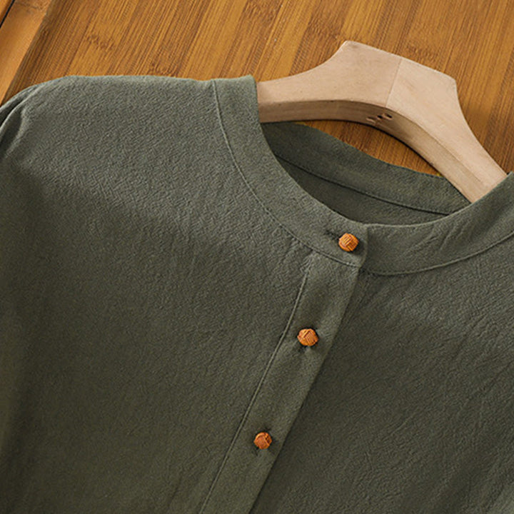 Buddha Stones夏 カジュアル 純色 ハーフボタン シンプルデザイン レディース コットンリネン 半袖シャツ ポケット付き - image 8