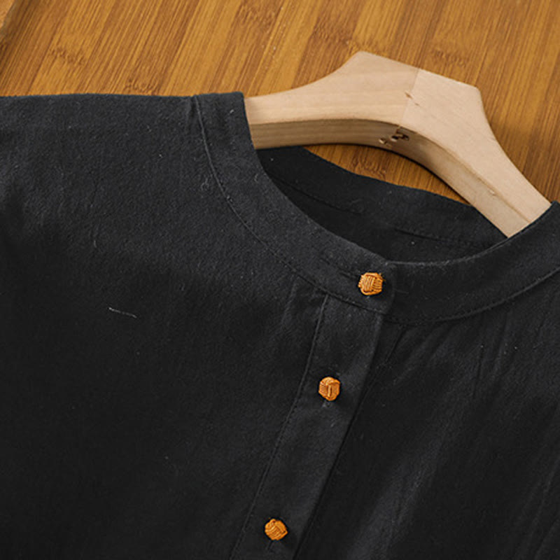 Buddha Stones夏 カジュアル 純色 ハーフボタン シンプルデザイン レディース コットンリネン 半袖シャツ ポケット付き - image 15