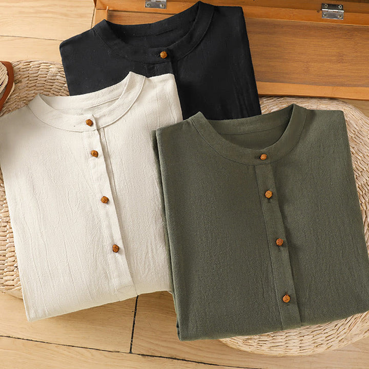 Buddha Stones夏 カジュアル 純色 ハーフボタン シンプルデザイン レディース コットンリネン 半袖シャツ ポケット付き - image 20