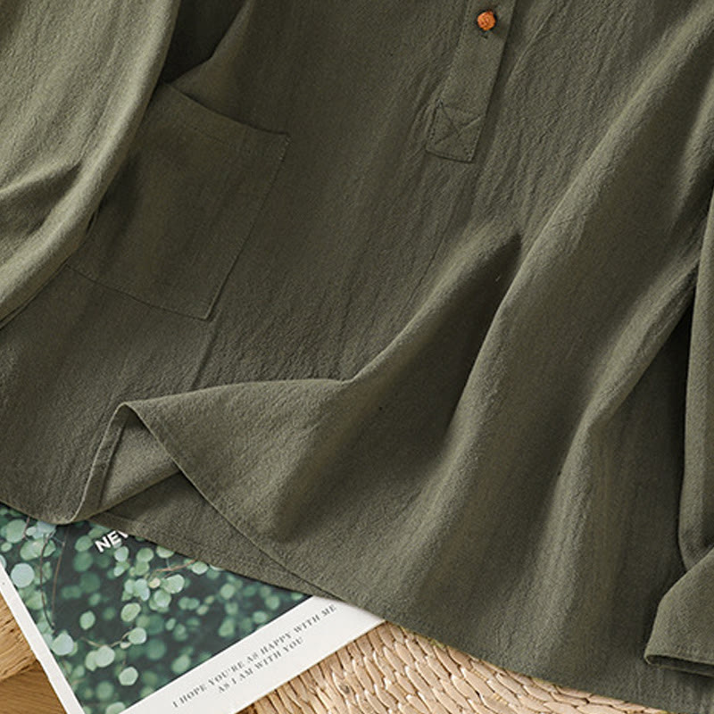 Buddha Stones夏 カジュアル 純色 ハーフボタン シンプルデザイン レディース コットンリネン 半袖シャツ ポケット付き - image 10
