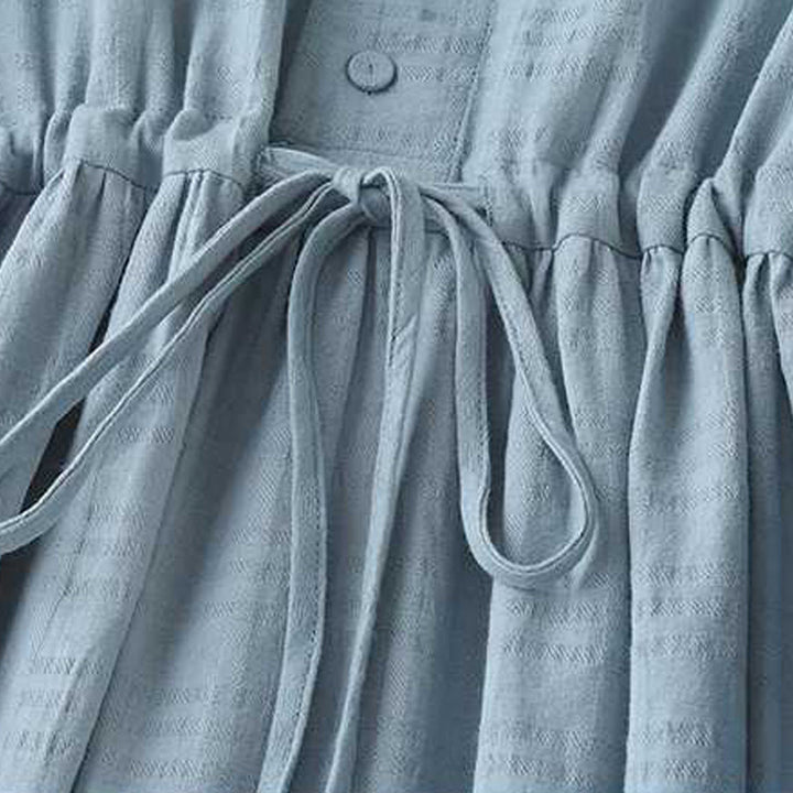 Buddha Stonesレトロ 無地 ドローストリング カエルボタンデザイン 長袖 コットンリネン ミディドレス ポケット付き - image 4