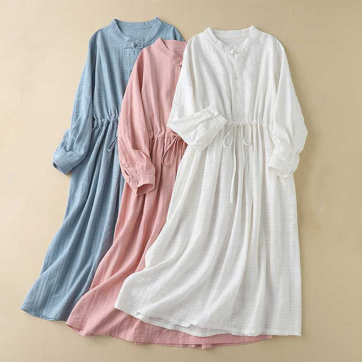 Buddha Stonesレトロ 無地 ドローストリング カエルボタンデザイン 長袖 コットンリネン ミディドレス ポケット付き - image 25