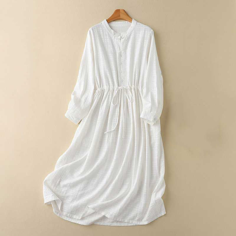Buddha Stonesレトロ 無地 ドローストリング カエルボタンデザイン 長袖 コットンリネン ミディドレス ポケット付き - 白 - US8-10，UK/AU12-14，EU40-42 (2XL) - image 6