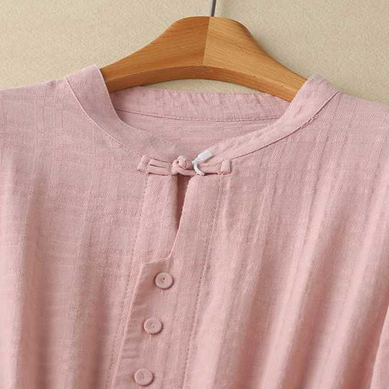 Buddha Stonesレトロ 無地 ドローストリング カエルボタンデザイン 長袖 コットンリネン ミディドレス ポケット付き - image 20