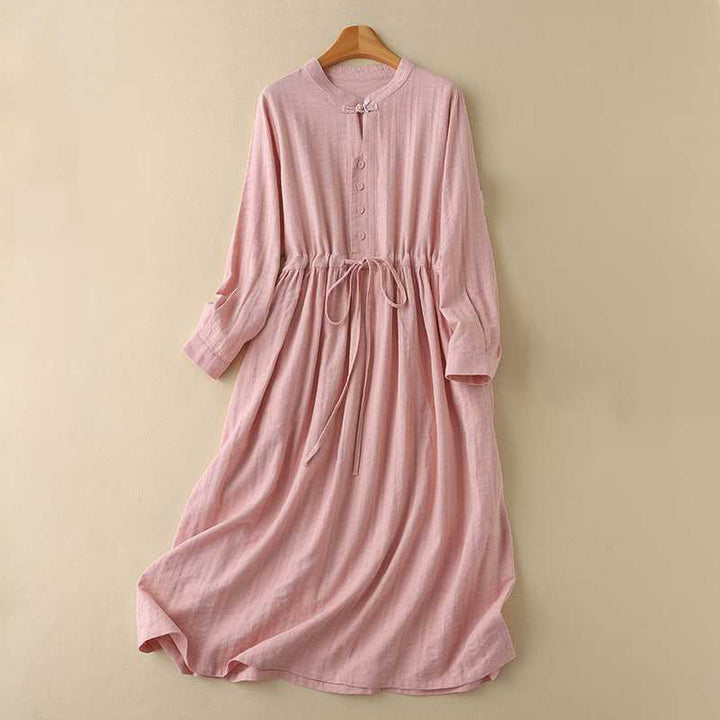 Buddha Stonesレトロ 無地 ドローストリング カエルボタンデザイン 長袖 コットンリネン ミディドレス ポケット付き - 鮭 - US8-10，UK/AU12-14，EU40-42 (2XL) - image 19