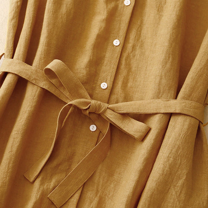 Buddha Stonesサマープレーンレースアップボタンフロントデザインラペルノースリーブコットンミディドレスカーディガン - image 3