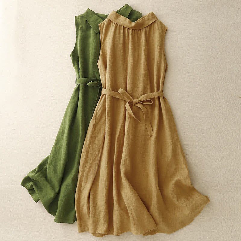 Buddha Stonesサマープレーンレースアップボタンフロントデザインラペルノースリーブコットンミディドレスカーディガン - image 14