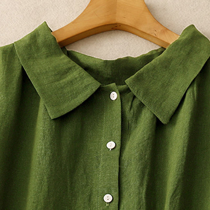 Buddha Stonesサマープレーンレースアップボタンフロントデザインラペルノースリーブコットンミディドレスカーディガン - image 9