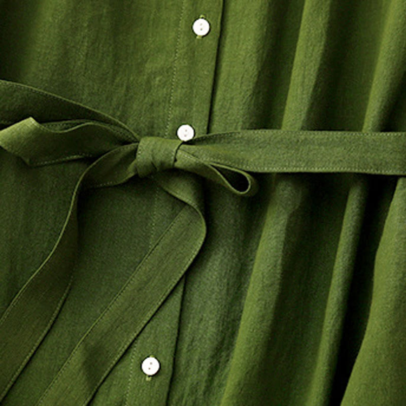 Buddha Stonesサマープレーンレースアップボタンフロントデザインラペルノースリーブコットンミディドレスカーディガン - image 11