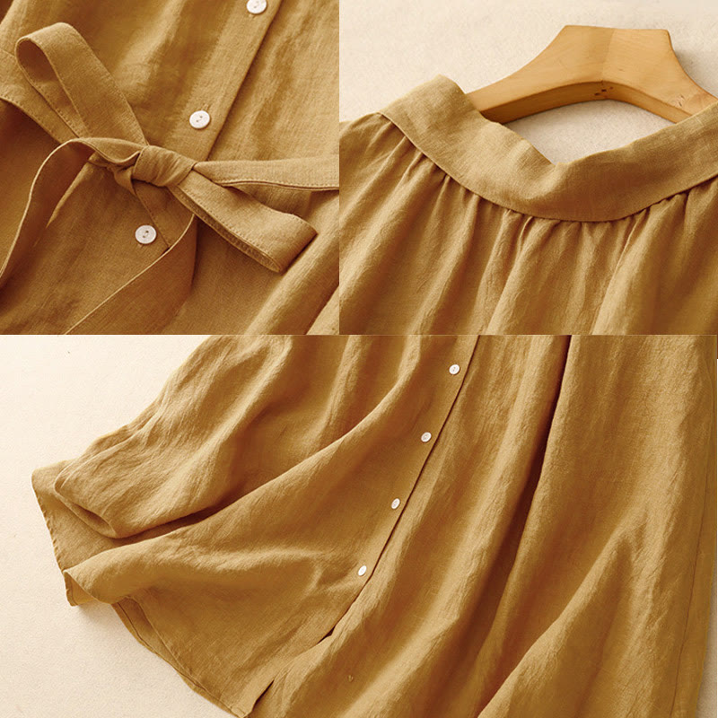 Buddha Stonesサマープレーンレースアップボタンフロントデザインラペルノースリーブコットンミディドレスカーディガン - image 7