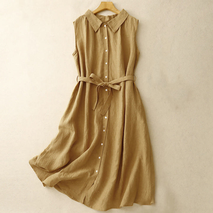 Buddha Stonesサマープレーンレースアップボタンフロントデザインラペルノースリーブコットンミディドレスカーディガン - ゴールデンロッド - US12、 UK/AU16、 EU44 (2XL) - image 0