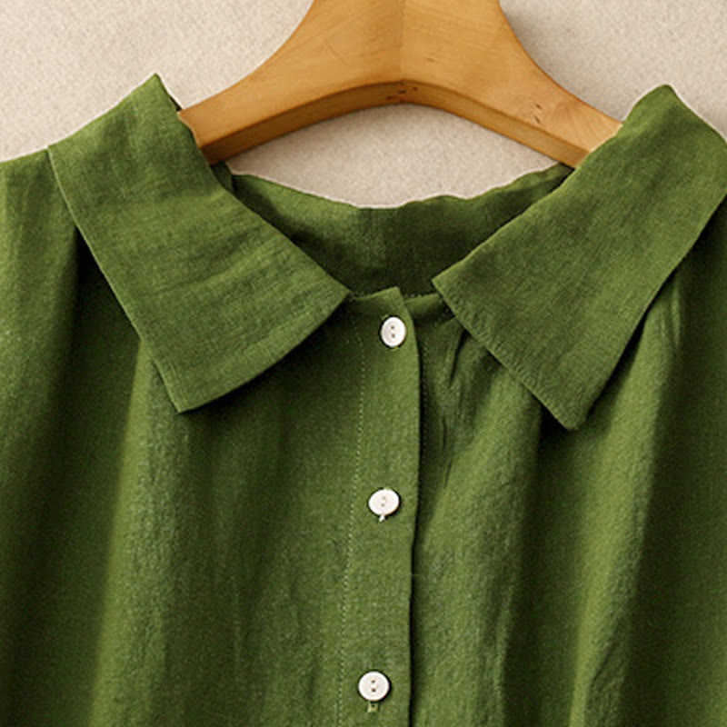 Buddha Stonesサマープレーンレースアップボタンフロントデザインラペルノースリーブコットンミディドレス - image 9