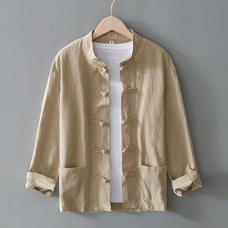 Buddha Stones メンズ コットンリネン素材 中国唐装風 カエルボタン付き ジャケットタイプシャツ ポケットあり - ベージュ - US/UK/AU50、EU60 (5XL) - image 23