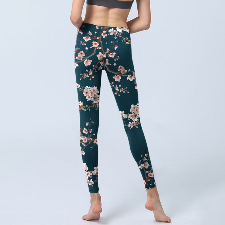 Buddha Stones、雀、ツバメ、桃の花柄プリントのジムレギンス、レディースヨガパンツ - image 7