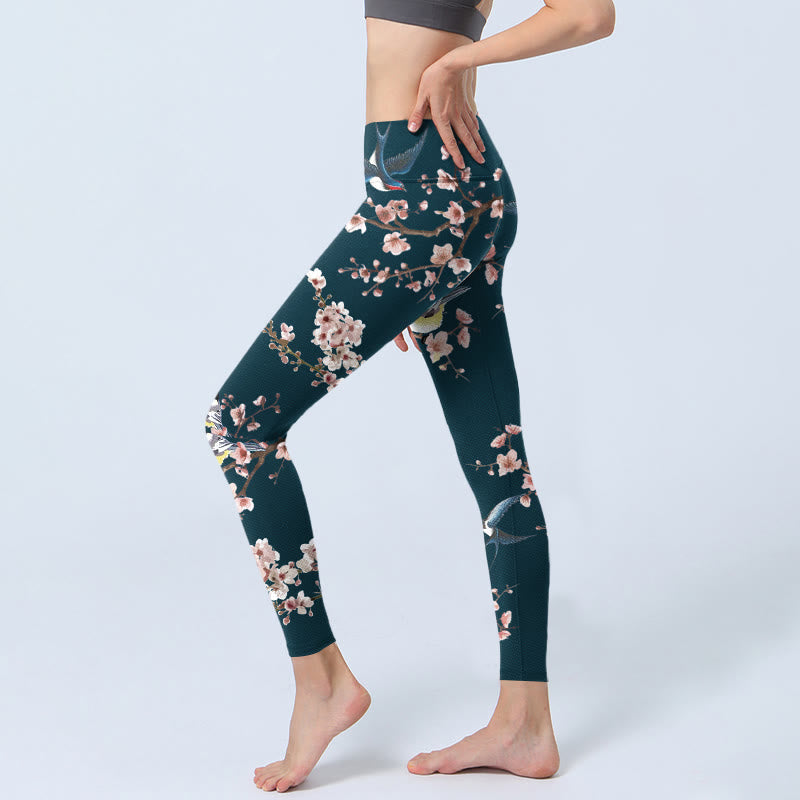 Buddha Stones、雀、ツバメ、桃の花柄プリントのジムレギンス、レディースヨガパンツ - image 3